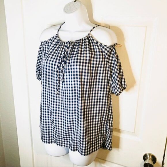 Velvet Graham & Spencer Gingham Cold Shoulder Top Blue White XS - Picture 8 of 12